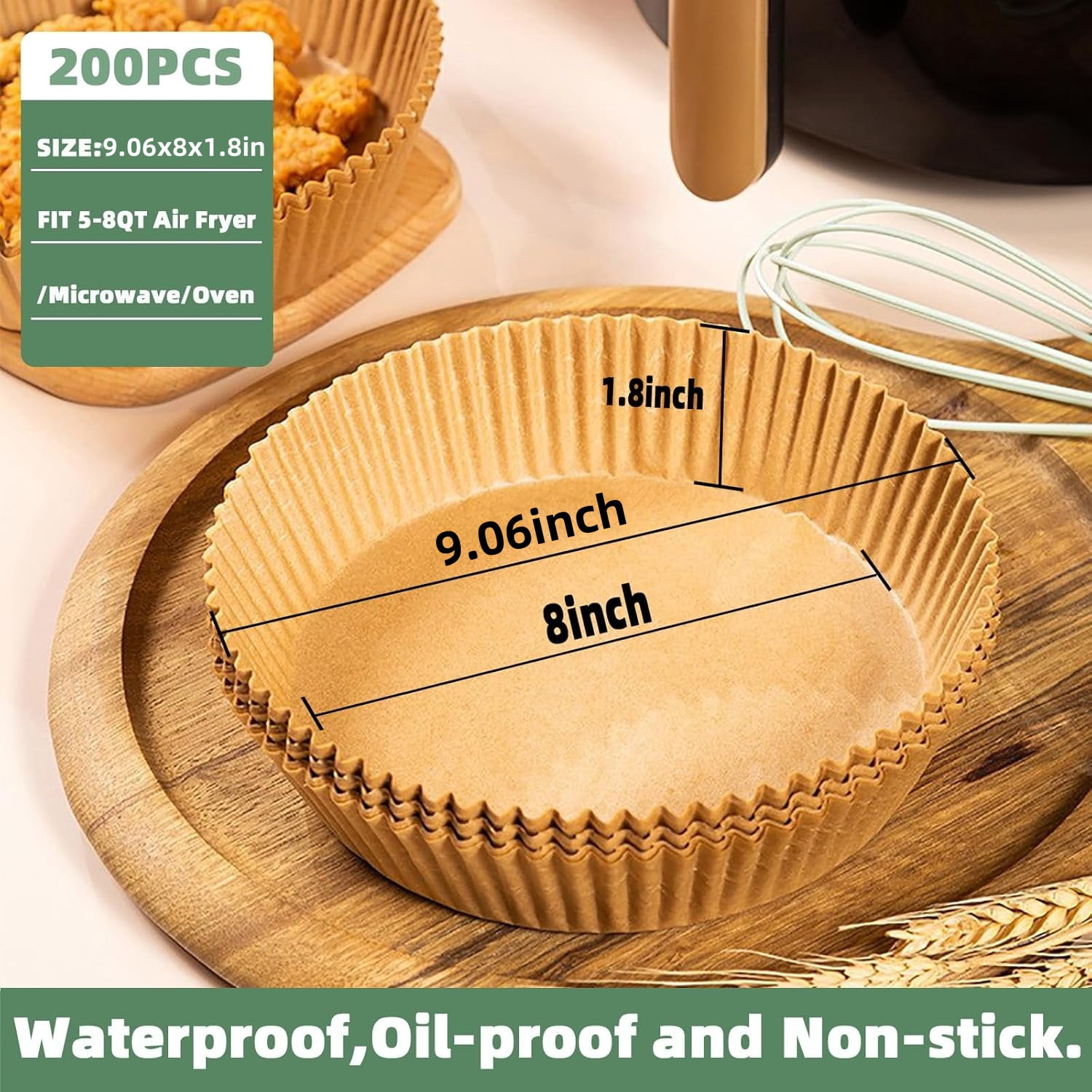 Manss Air Fryer Disposable Paper Liner, 8 inch Round Non-Stick Air Fryer Liners Parchment Paper for 5-8 QT Air Fryer Baking Roasting Microwave(200Pcs)