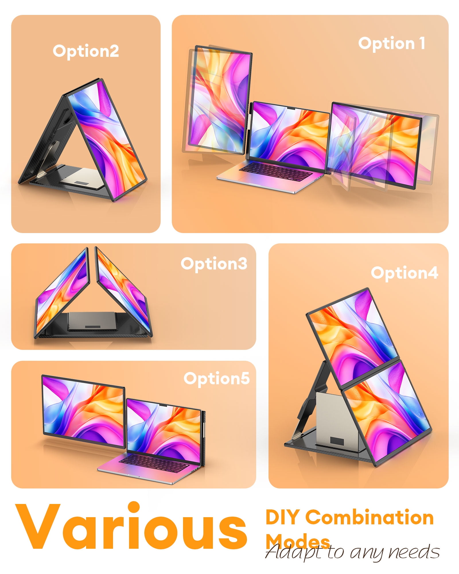 NGTeco 16" Laptop Triple Screen Extender, 1200P IPS Portable Monitor for Laptops 13-17", with Type-C/HDMI/USB-A, Plug & Play, Compatible with Windows/Mac/Chrome OS