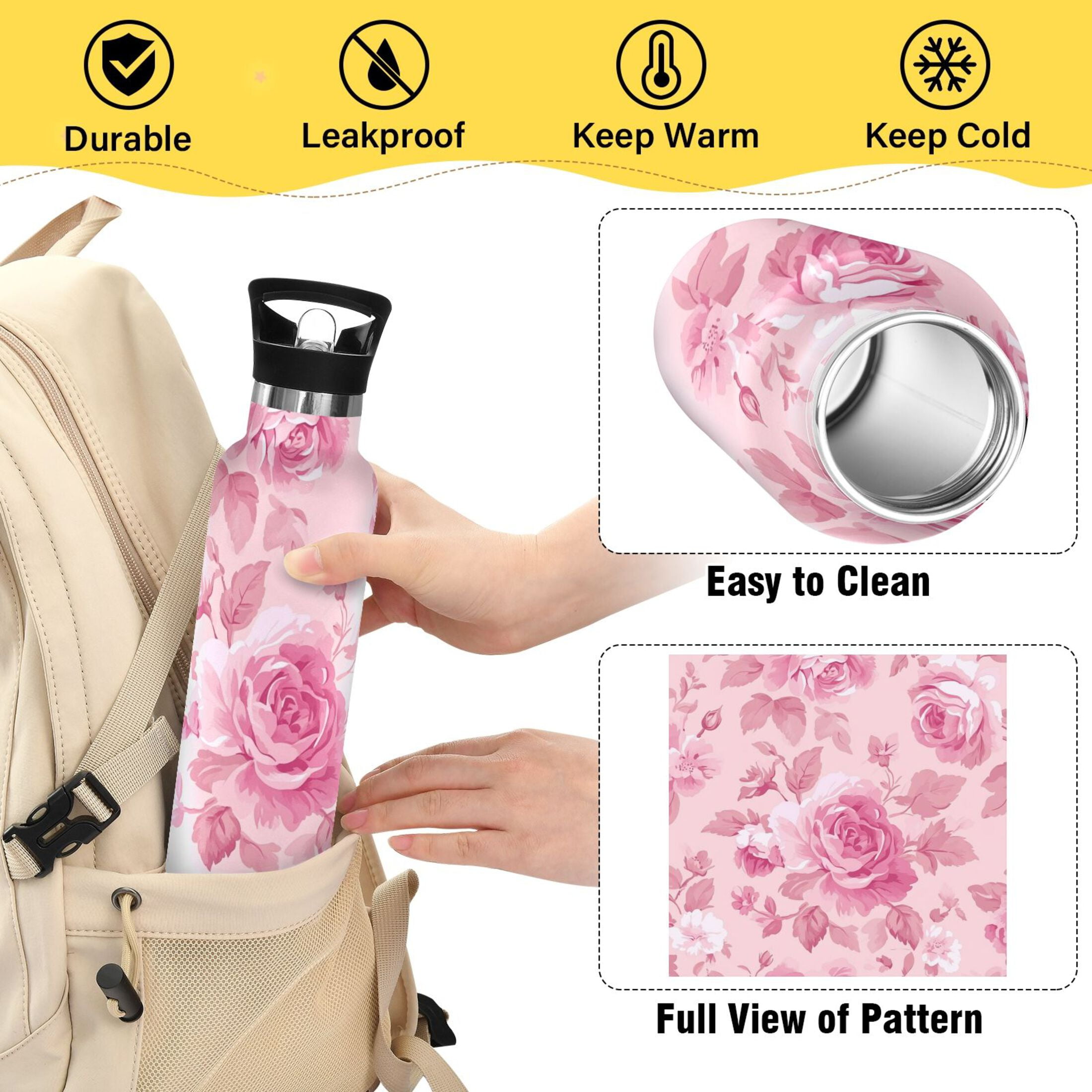 600ML Stainless Steel Insulated Cup Sports Water Bottle Portable Thermos Cup Water Glasses Insulated Tumblers Convenient and Durable Charming Pink Roses