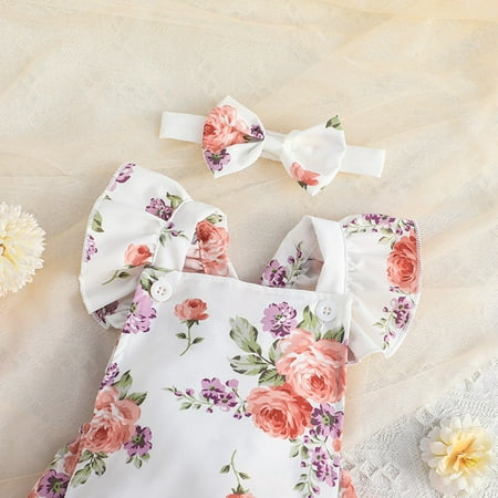 

Aayomet Summer Girls Fly Sleeve Floral Prints Romper Bodysuits Clothes Headwear Baby Bodysuit White 3-6 Months