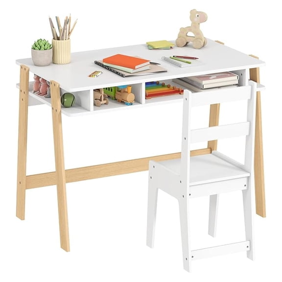 Kids Desk and Chair Set for 3-12 Years Old, Children Study Desk with Storage Compartment, Student Writing Table Computer Workstation for Home Bedroom School Use