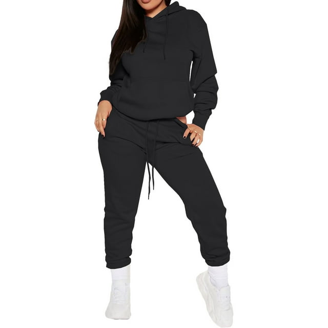 UKAP Ladies Two Piece Outfit Drawstring Sweatsuits Long Sleeve Jogger Set Casual Jogging Tracksuit Sets Black L