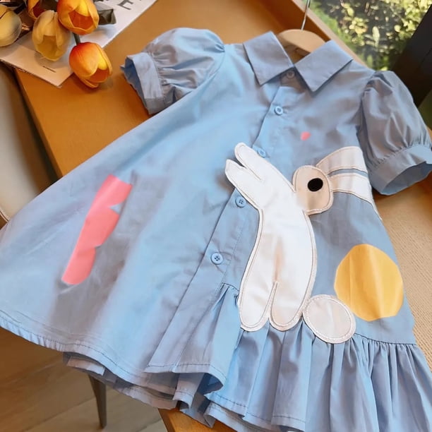 Novedad de verano, vestido de estilo coreano para niñas, vestido camisero de manga de burbuja de algodón puro, vestido de princesa de conejo de dibujos animados para bebé, falda informal para uso dia