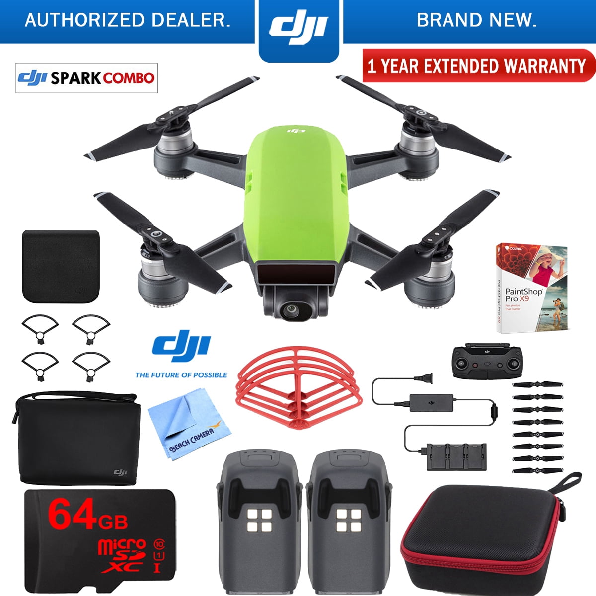 Solrig ser godt ud handle DJI SPARK Fly More Drone Combo (Meadow Green) With Custom Hard Case, 64GB  High Speed Card, Corel Paint Version 9, High Visibility Pro Guards,  Cleaning Cloth, and One Year Warranty Extension -