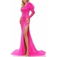 thumbnail image 3 of Colors Dress One Shoulder Mesh Long Sleeve and Feathers Mermaid Gown, 3 of 3