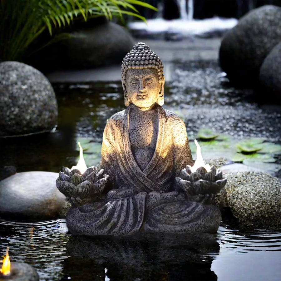 Meditating Buddha Garden Statues with Lotus Lantern, Solar-Power Buddha Sculpture Decor for Home Garden, Yard, Patio, Yoga, Buddha Statues for Indoor or Outdoor Ornaments, Unique Housewarming Gifts