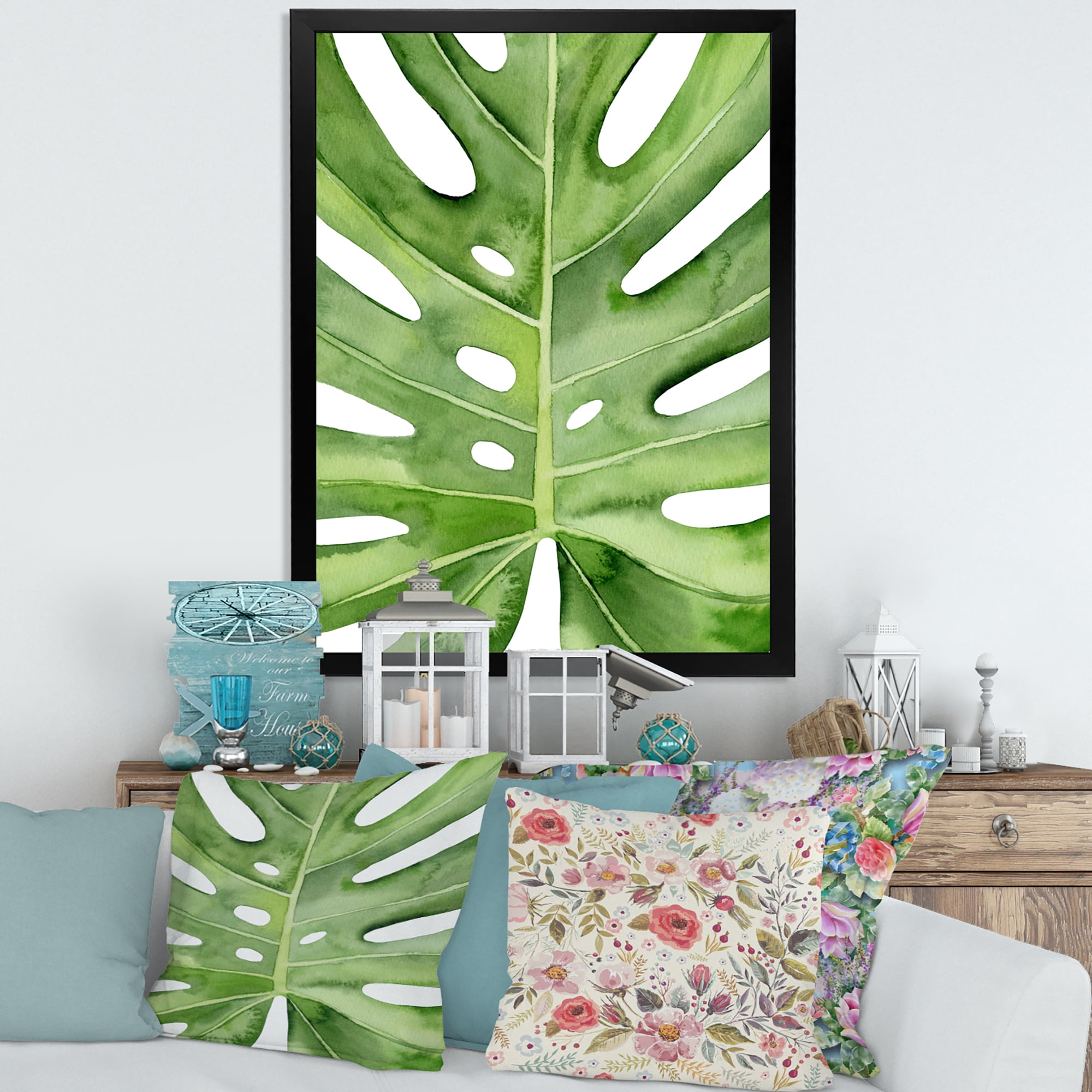 Designart 'Close Up Green Monstera Leaf Tropical Palm' Tropical Framed Art Print