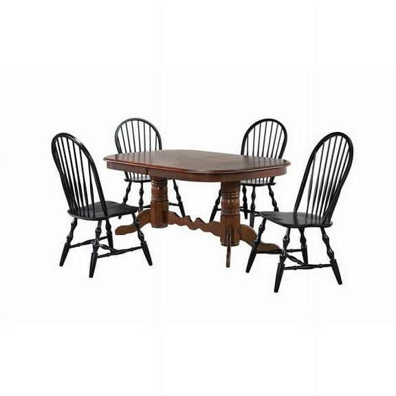 Sunset Trading Andrews Double Pedestal Dining Set & Chestnut Table with Windsor Chairs Antique Black - 5 Piece