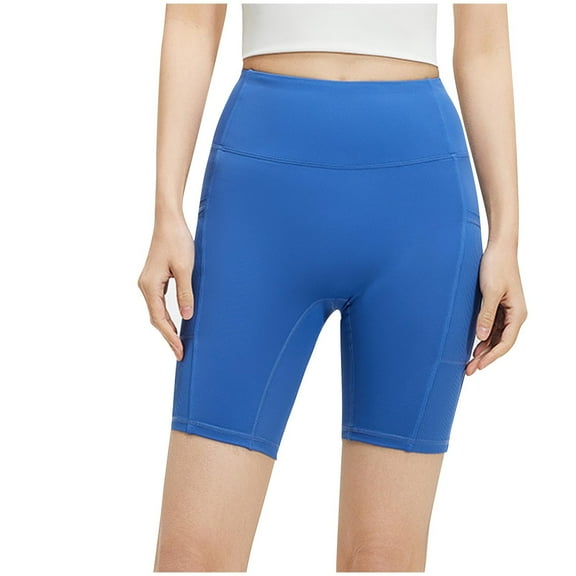 CheerKidz Womens Solid Color High Waist Hip Lifting Abdominal and Body Shaping Bottoms Biker Running Shorts with Pockets(Blue,XXL)