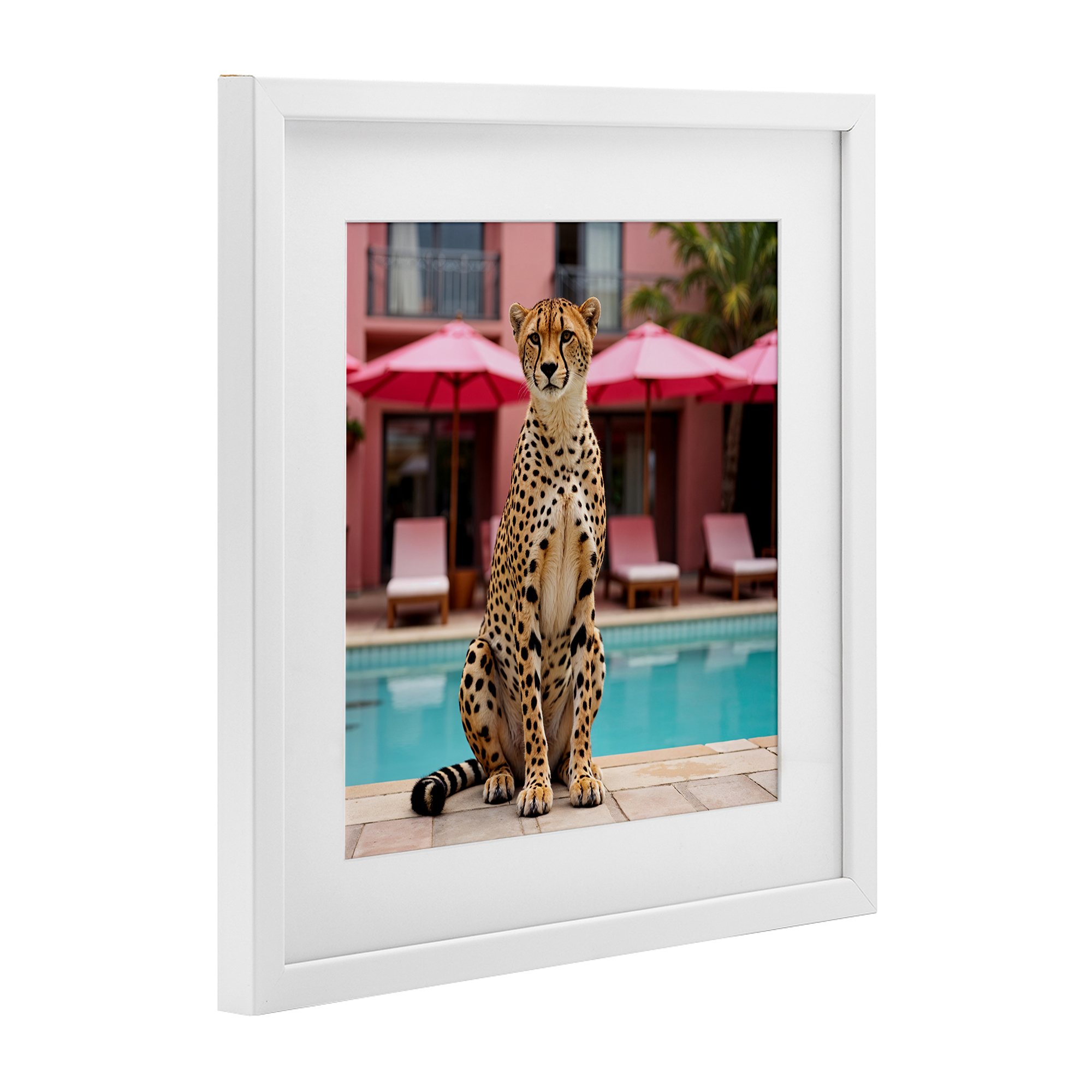 Cheetah Posed at Poolside White Framed Print Under Glass, design by Lettered and Lined