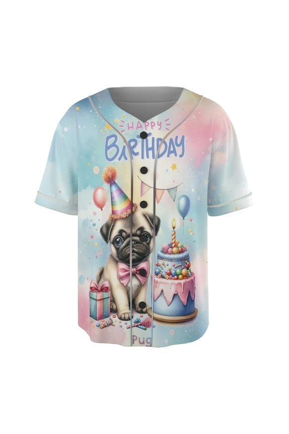 Happy Birthday Cute Puppy Pug with Cake Gifts Party Hat All Over Print 3D Baseball Shirt Dog Lover Gifts Softball Sport - 00029