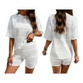 thumbnail image 3 of Women 2 Piece Crochet Outfits Summer Knit Lounge Sets Short Sleeve Tops and Shorts Beach Set Summer Vacation White M, 3 of 7