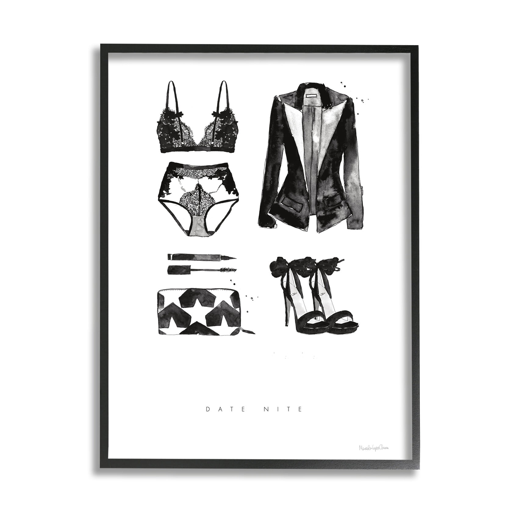 Stupell Industries Date Nite Slang Quote Female Fashion Mood Grey Framed, 11 x 14, Design by Mercedes Lopez Charro