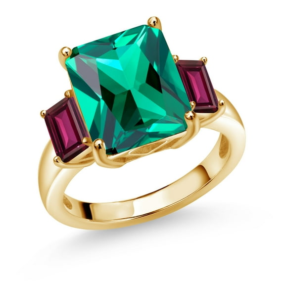 Gem Stone King 6.94 Ct Green Nano Emerald Red Rhodolite Garnet 18K Yellow Gold Plated Silver 3-Stone Ring (Size 5)