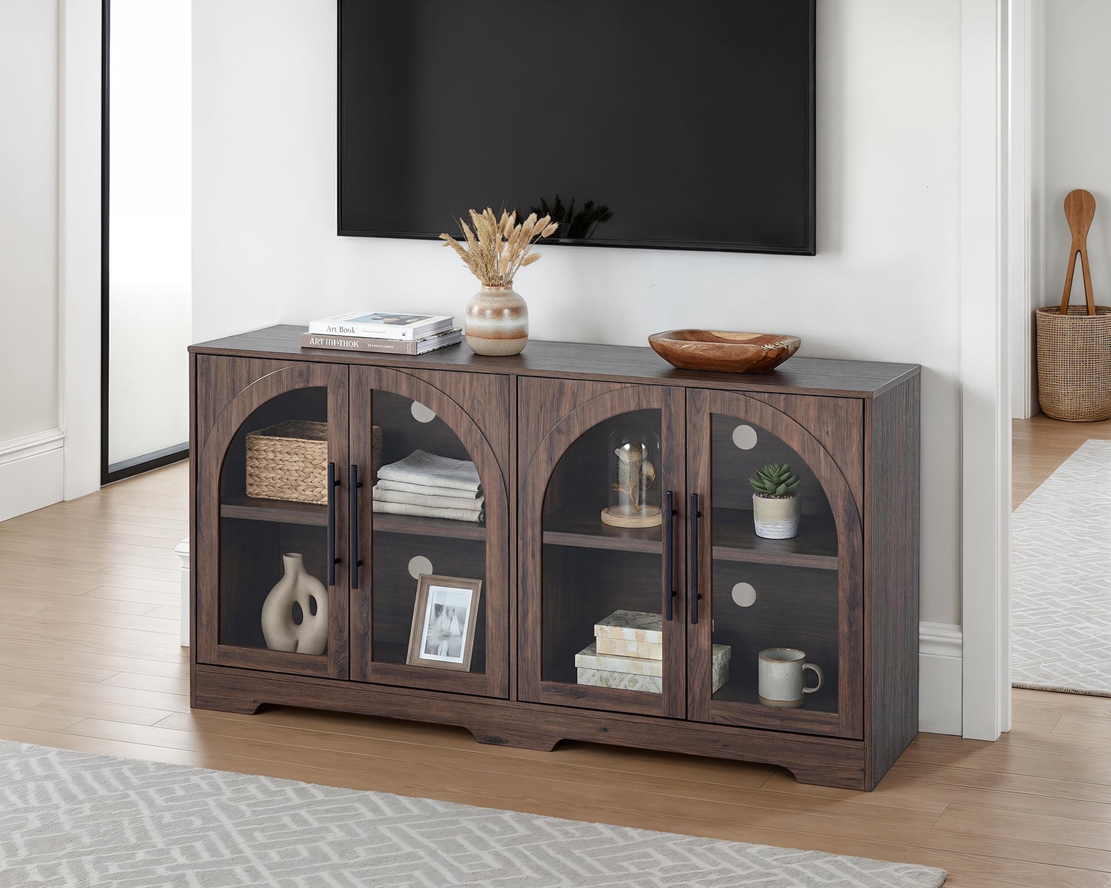 Walnut Finish 1pc Console Metal Handles Tempered Glass Adjustable Shelves Rustic Living Room Furniture