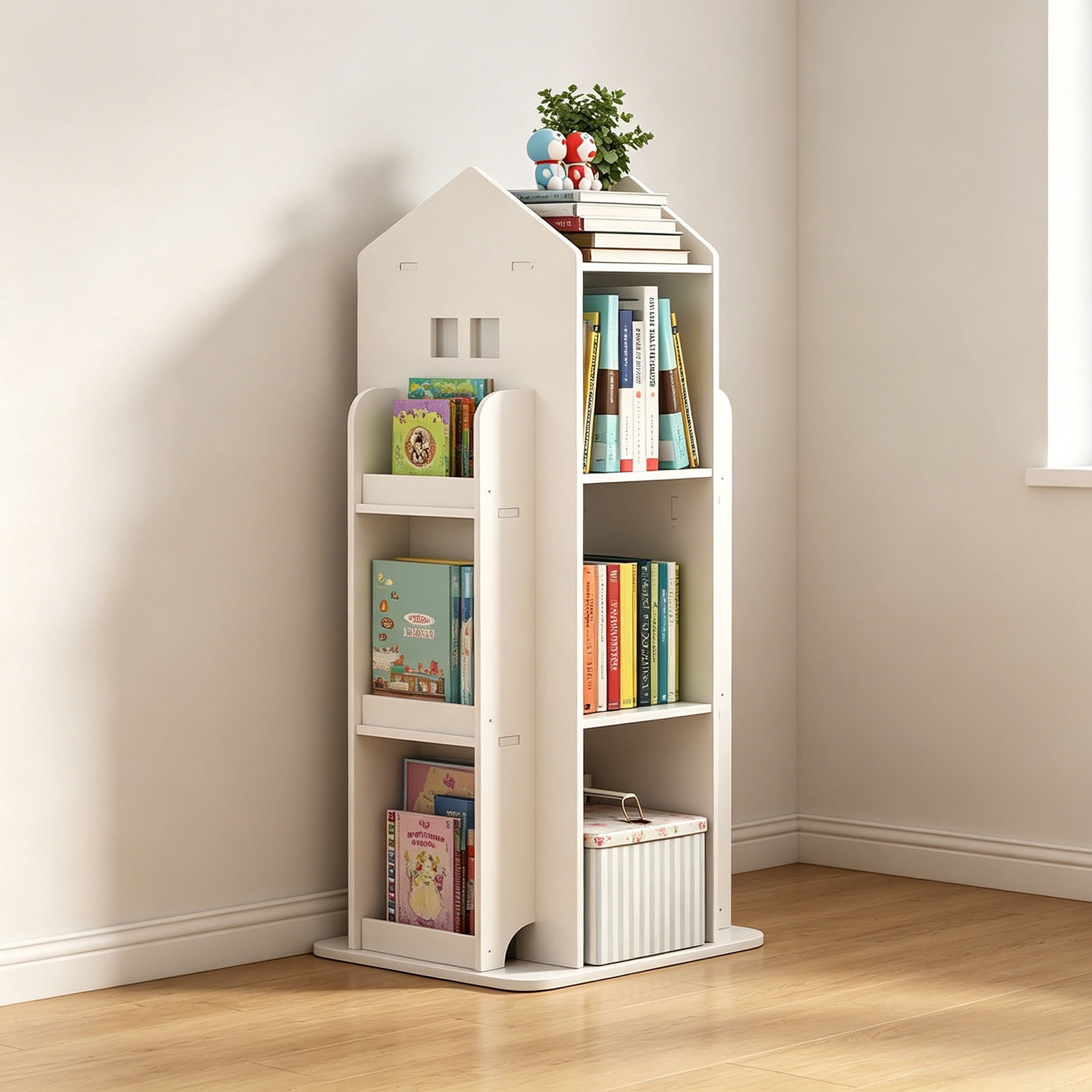 4-Tier Rotating Bookshelf, 360 Degree Display Book Shelf for Bedroom Living Room Study Room, Floor Standing Bookcase for Kids, PVC Wood-Plastic Board, White