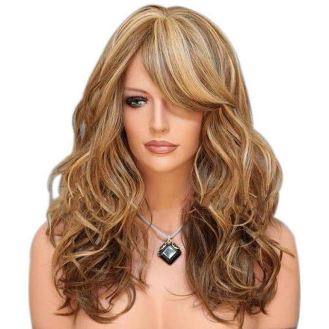 Peluca de pelo largo y rizado color castaño oscuro y lino con fibra química para mujeres y niñas.