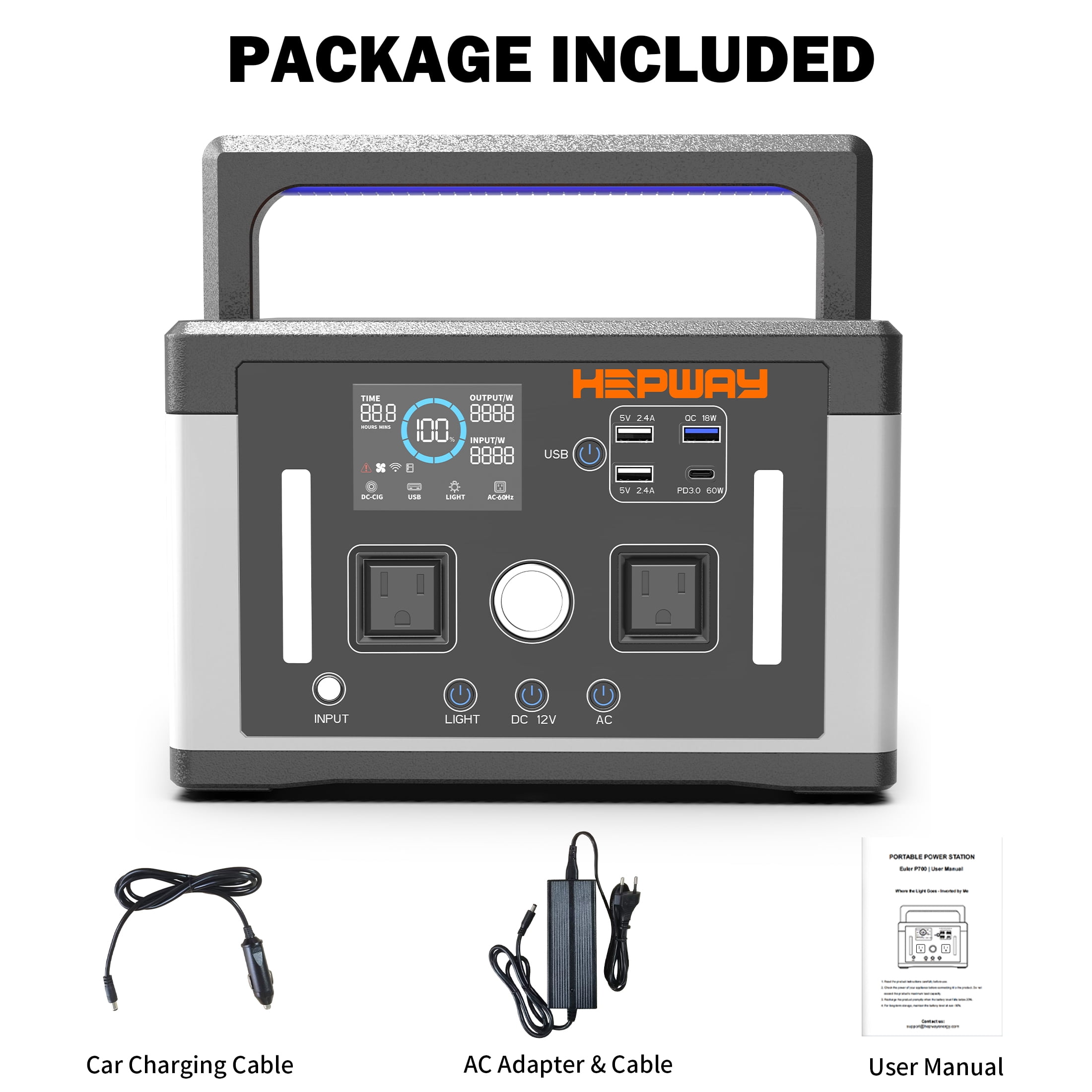 HEPWAY Euler P700 Portable Power Station 700W (Surge 1000W) 577Wh Solar Generator 120V AC Outlets, 3000+ Cycles Solar Power Bank for Home Backup Battery Emergencies, Camping & RVs, Blackout, CPAP