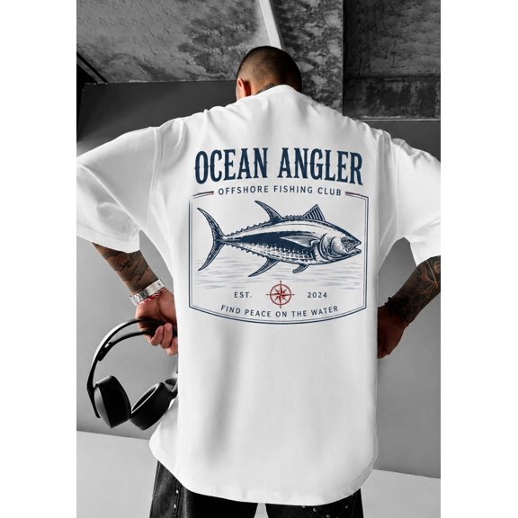 Red & White Salty Crew Graphic T-Shirt, Men's Casual Loose Fit Short Sleeve Summer Style