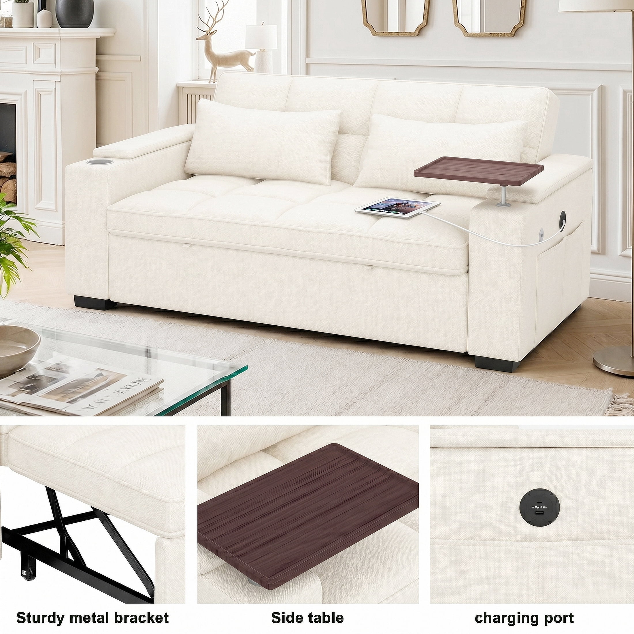 ShiKeyi 68.5'' 3-in-1 Velvet Convertible Sleeper Sofa, Pull Out Sofa Bed with Storage & Charging Port, Beige