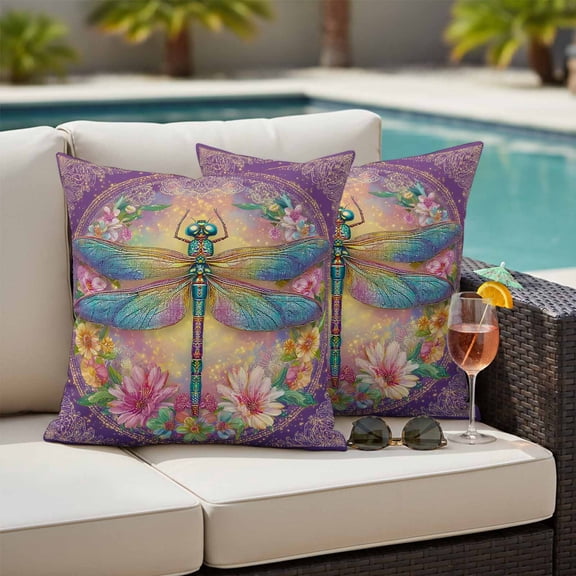 Purple Dragonfly Outdoor Pillow Covers 24x24 Inch Throw Pillow Covers Set of 2 Waterproof Decorative Pillow Cases Colorful Flowers Watercolor Chic Floral Plant Cushion Covers for Patio Furniture