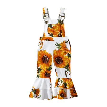 

Bagilaanoe Toddler Baby Girl Jumpsuit Fly Sleeve Sunflower Print Romper Ruffle Overalls 12M 18M 24M 3T 4T 5T Kids Long Flare Pants Bell Bottoms with Pockets