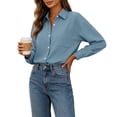 thumbnail image 6 of Tusihei Women's Collared Long Sleeve Button Down Shirt Work Top with Pocket Casual Solid Blouse Fall Spring Office Tunic Tee, Blue XL, 6 of 6