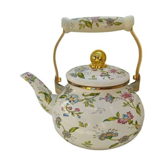 Vintage Enamel Teapot 2.5L, Whistling Kettle with Floral Pattern, Moroccan Arabic Design, Induction Stovetop Compatible