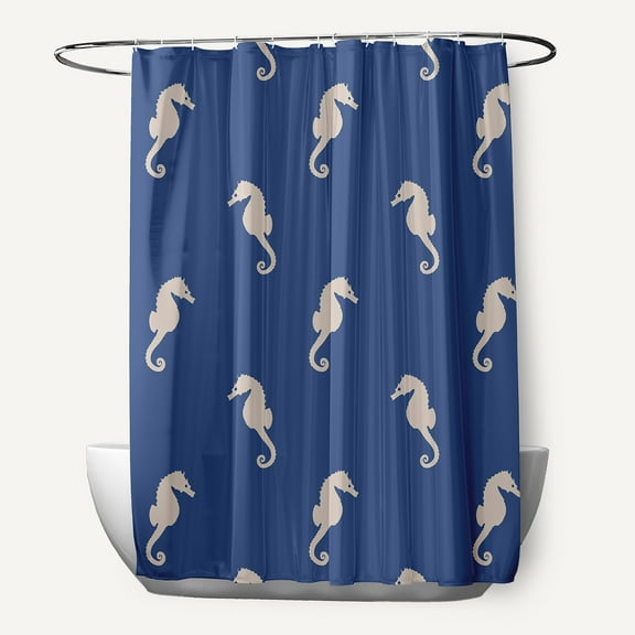 Simply Daisy 70" W x 73" L Sea Horses Polyester Shower Curtain, Nautical Navy [1 Ct]