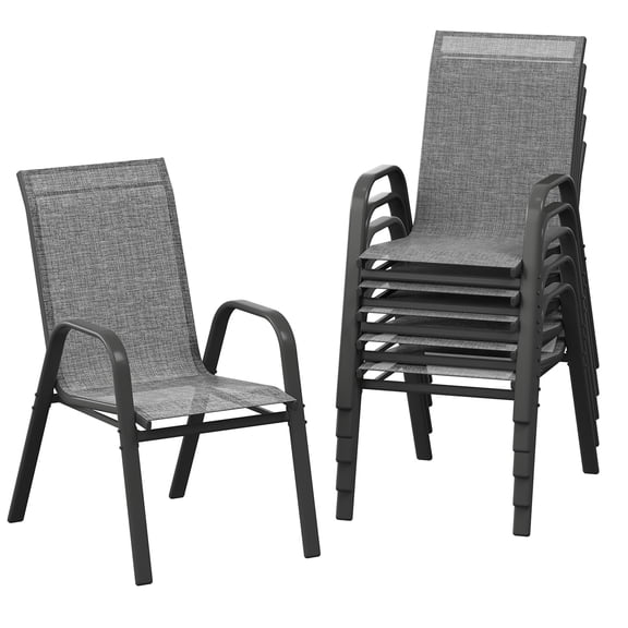 Patio Chairs Set of 6, Outdoor Stackable Dining Chairs with Textilene Fabric, All-Weather Deck Stacking Chairs with High Back for Backyard Poolside Garden Balcony, Grey