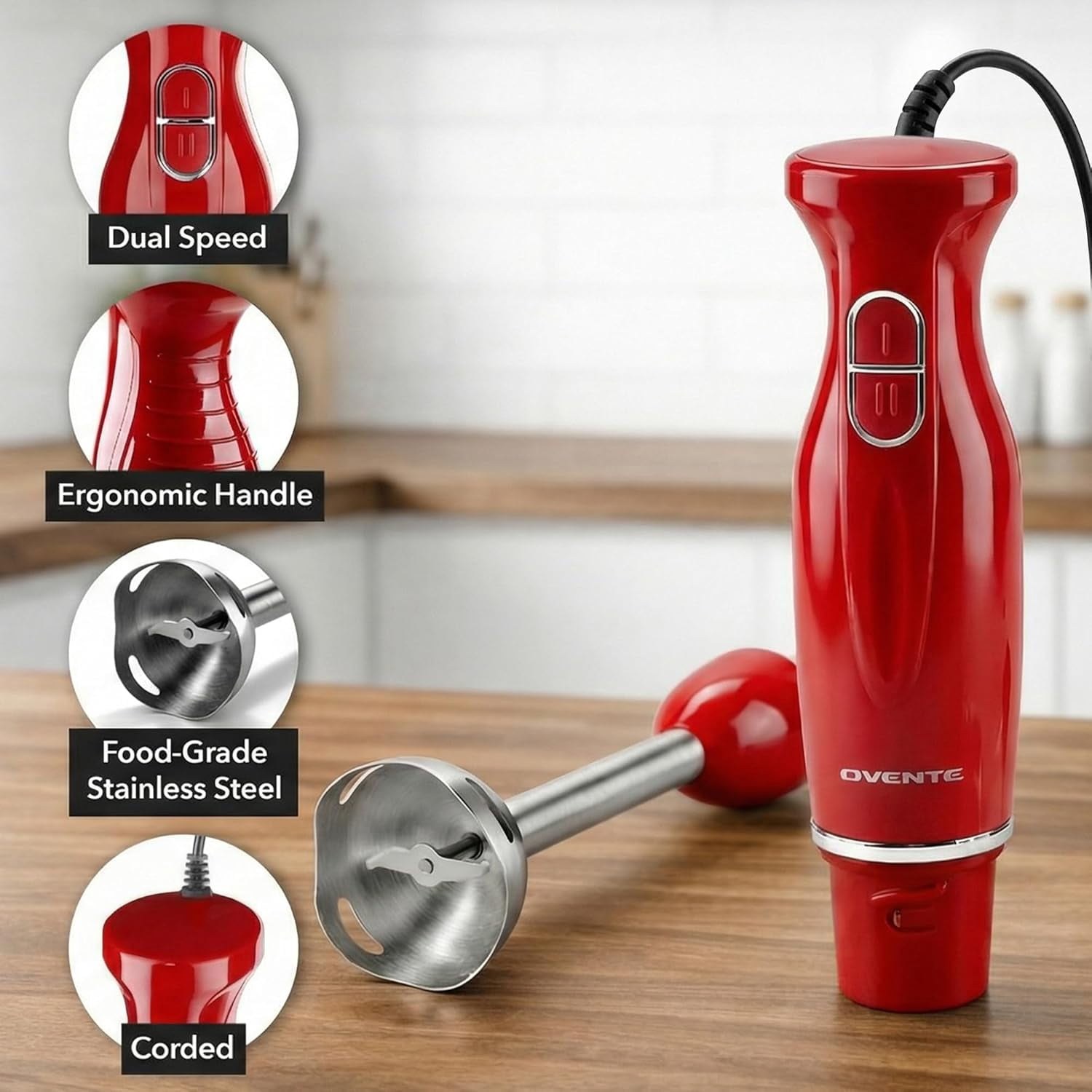 Ovente, Electric Hand Blender, HS560R, 2 Speeds, Red - Walmart.com