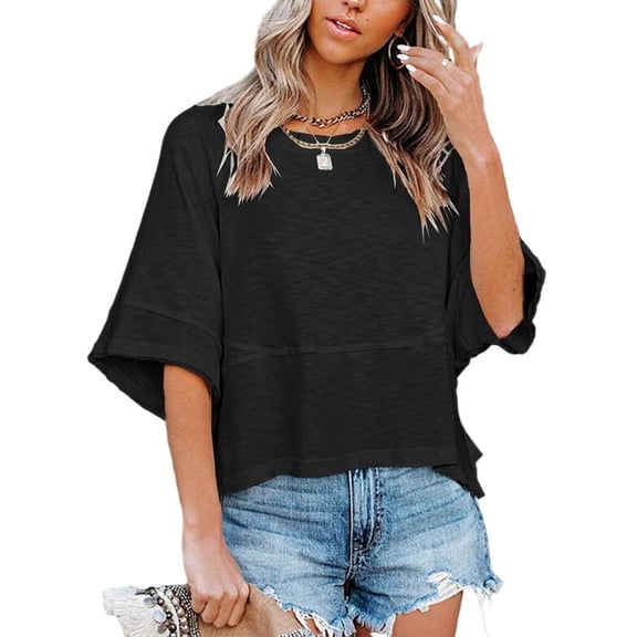 JUUNthy Womens Summer T-Shirt, Loose Fit Round Neck Short Sleeve Trendy Casual Blouse Black XL