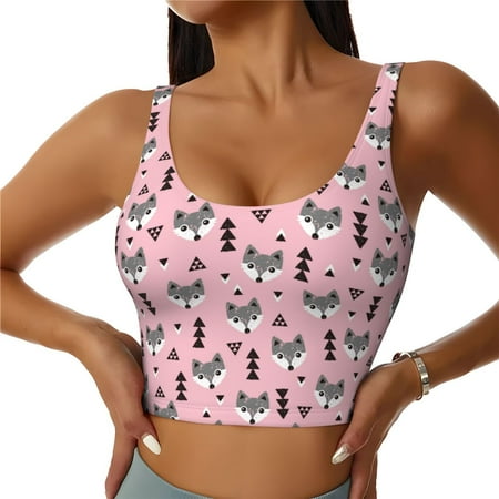 Adobk Cute Fox Pink Tree Print Sports Bras for Women Longline Workout Crop Tank Tops Padded with Built in Shelf Padded Sports Bra-Large