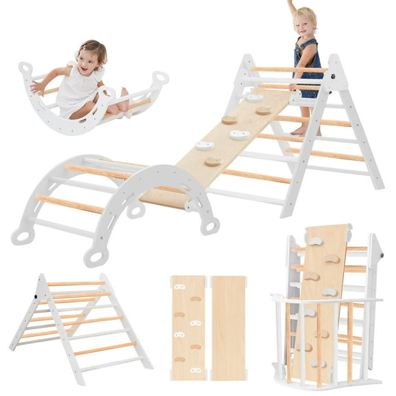 BUWAY Pikler Triangle Set, 7 in 1 Montessori Climbing set, Foldable Wooden Climbing Toys, Indoor Jungle Gym for Toddlers 1-6 Years Old