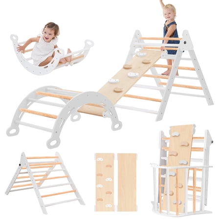 BUWAY Pikler Triangle Set, 7 in 1 Montessori Climbing set, Foldable Wooden Climbing Toys, Indoor Jungle Gym for Toddlers 1-6 Years Old