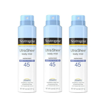 Neutrogena Ultra Sheer SPF 45 Body Mist Full Reach Spray, 5 Ounce (Pack of 3)