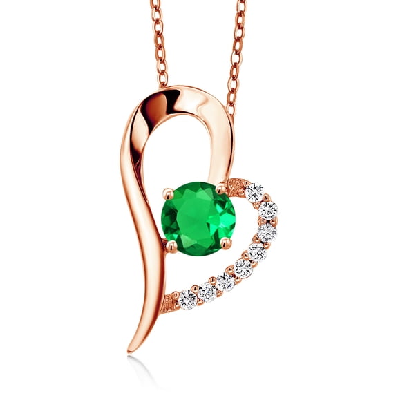 Gem Stone King 18K Rose Gold Plated Silver Green Nano Emerald Heart Shape Pendant Necklace for Women (0.89 Cttw, Round 6MM, Gemstone May Birthstone, with 18 inch Chain)