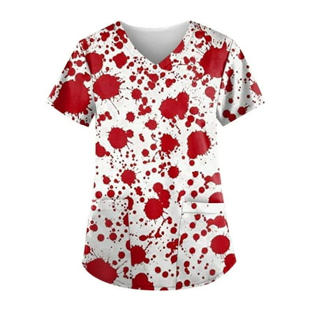 

Chiccall Womens Halloween Costumes V-Neck Short Sleeve Nursing Uniform Workwear Halloween Pumpkin Bats Ghost Printed Graphic Tees Blouse Scrubs Tops with Pockets