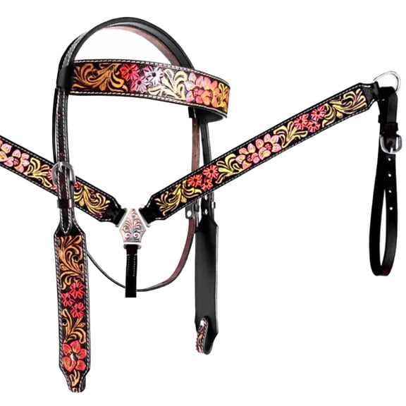 HILASON Western Horse Floral Headstall Breast Collar Set American Leather