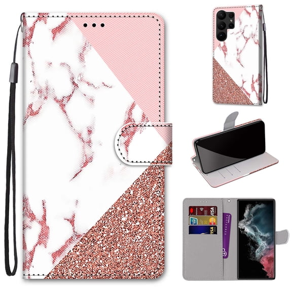 SaniMore Painted Wallet Case Compatible with Galaxy S23 Ultra, Stylish PU Leather Shell Magnetic Closure Shockproof Kickstand Case with Wrist Strap for Samsung Galaxy S23 Ultra, Gold White Pink Marble