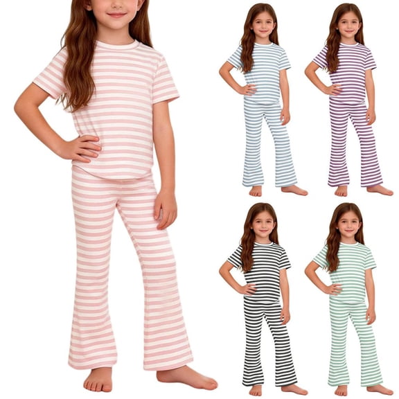 BXSRUTA Toddler Girls 2 Piece Outfit Soft Cotton Short Sleeve Top Flared Pants Casual Daily Wear Set