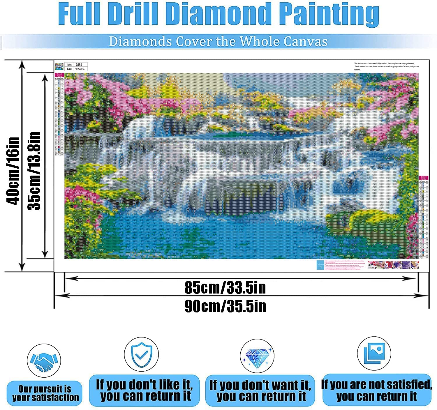 DIY 5D Diamond Painting Kits for Adults,HTOOQ Large Diamond Painting Full  Drill Round Diamond Dots Waterfall Scenery ,Diamond Art Kits for Adults  Home Wall Decor 35.4x15.HTOOQ inch 