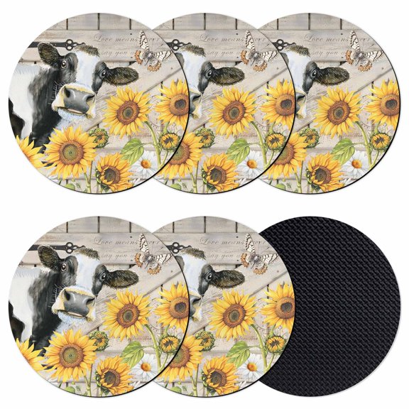Yellow Sunflowers Coasters Set of 6, Absorbent Coasters for Drinks, Farmhouse Cow Barn Doors Floral Butterfly Coaster for Desk Coffee Table Protection, Home Decor House Warming Gifts 4"