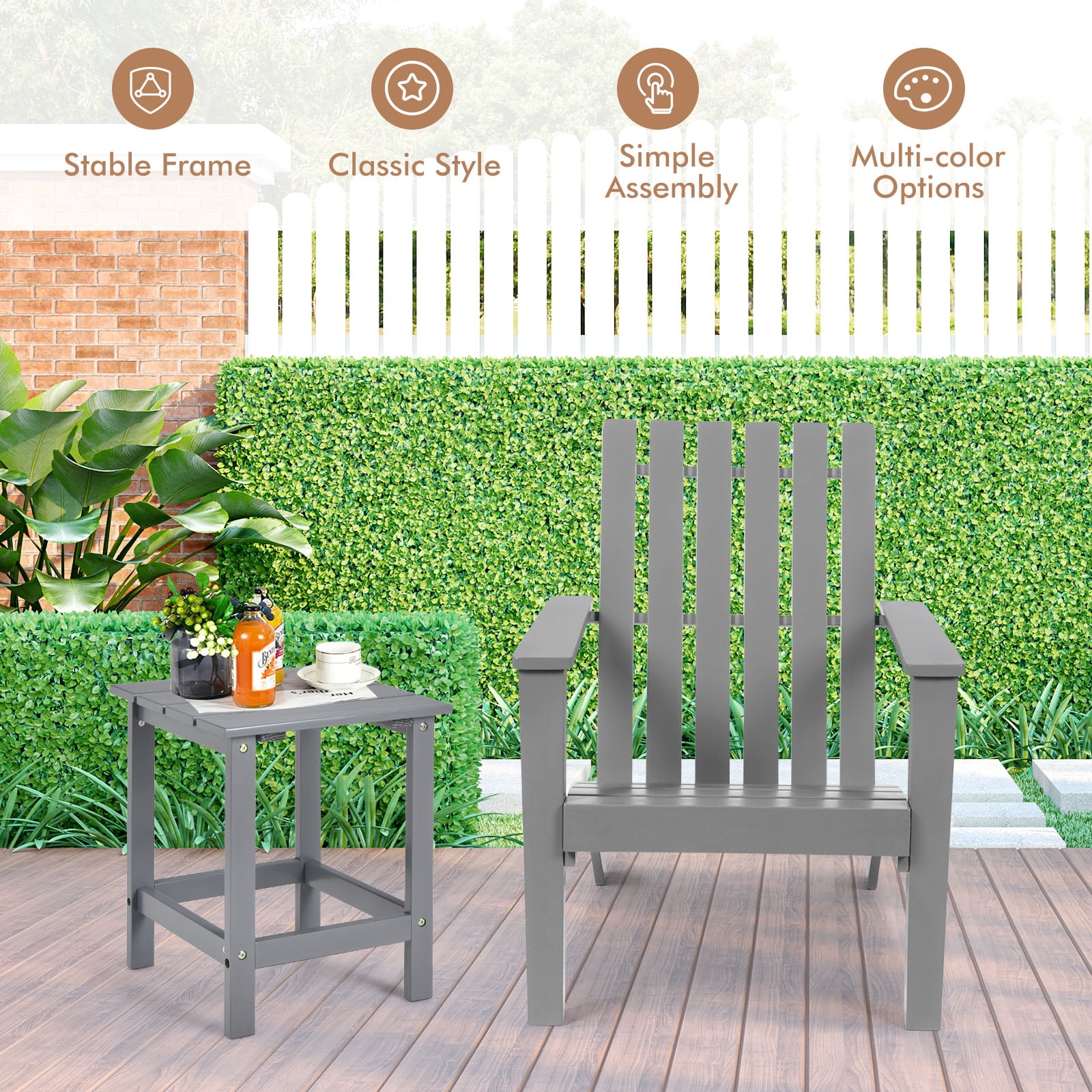 Patiojoy Wooden Adirondack Chair W/Ergonomic Design Outdoor Lounge Armchair Acacia Wood chair for Yard&Patio Gray