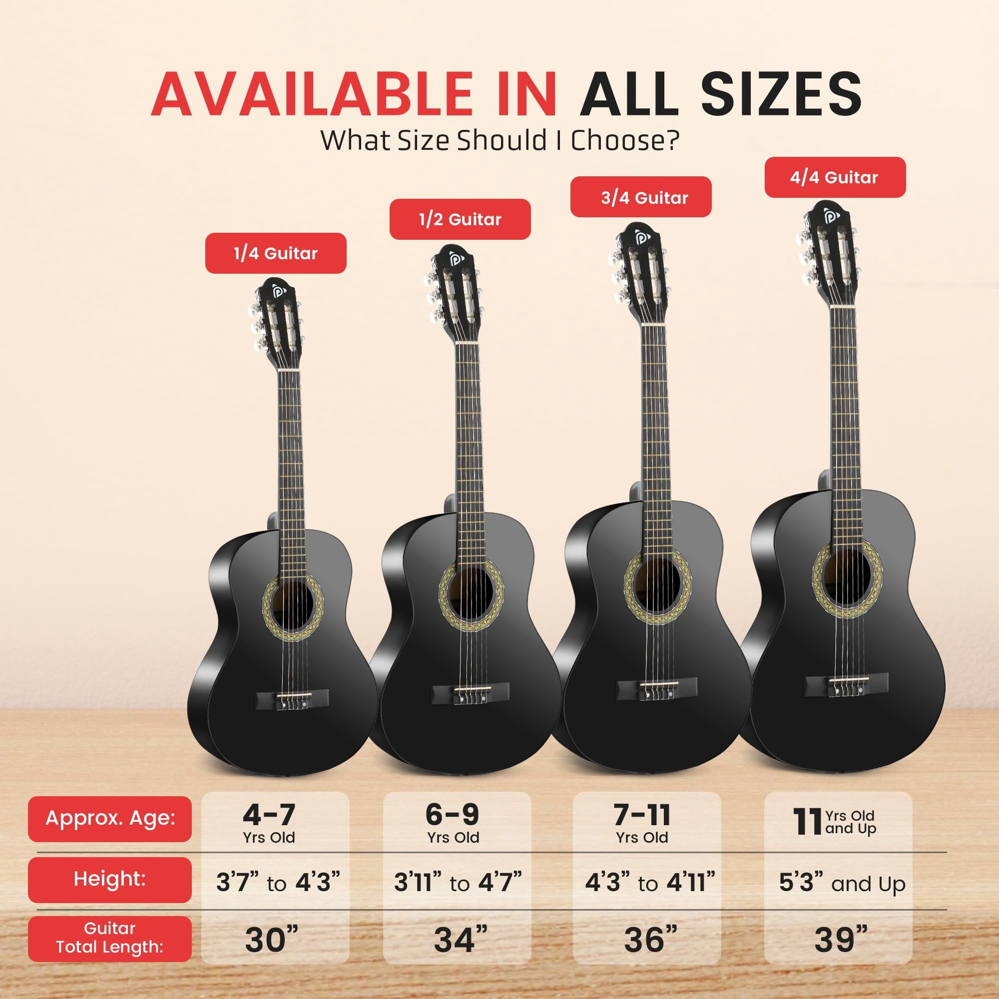 Pyle 6 String Acoustic Guitar, Right, Black Matte, 30" PGACLS30BKMT