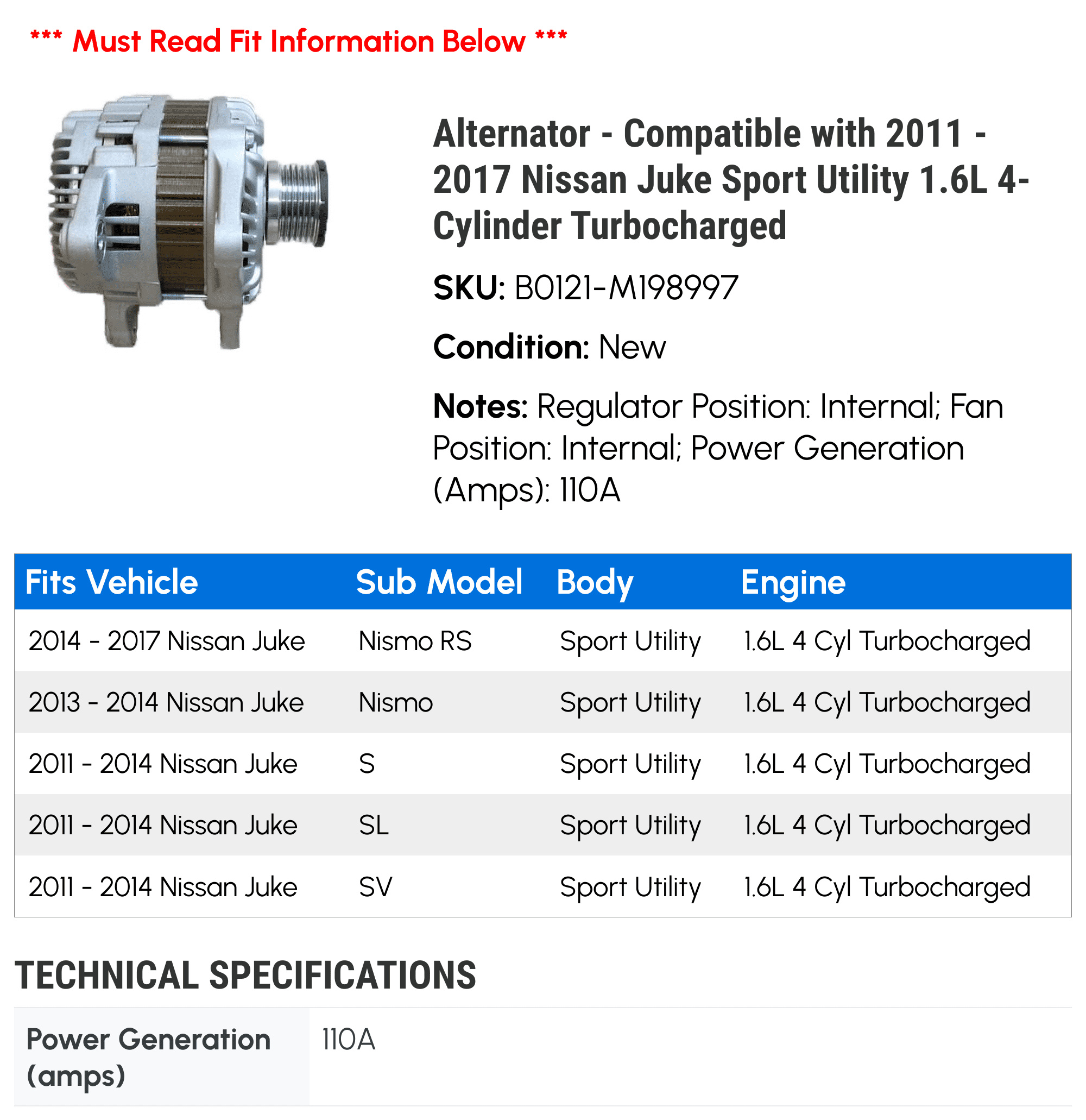 Alternator - Compatible with 2011 - 2017 Nissan Juke Sport Utility 1.6L 4-Cylinder Turbocharged 2012 2013 2014 2015 2016