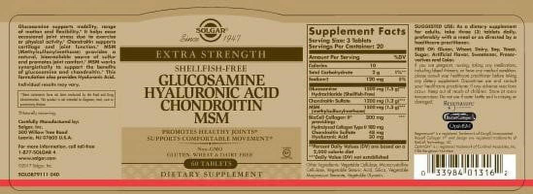 Solgar glucosamine hyaluronic acid chondroitin msm shellfish free 60 tablets