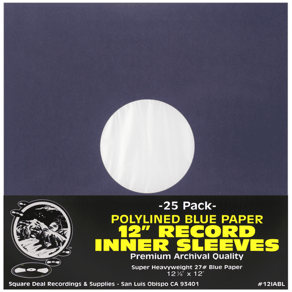 (25) 12 Premium Blue Polylined Record Inner Sleeves - Archival Quality, Heavyweight Paper & Plastic - 12IABL