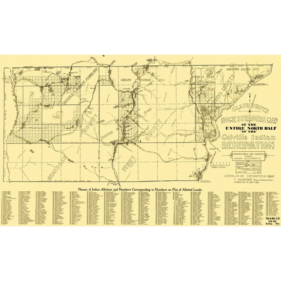 Historic State Map - Colville Indian Reservation Northern Counties - Hunt 1900 - 23 x 37 - Vintage Wall Art