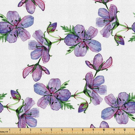 Ambesonne Floral Fabric by the Yard Upholstery, Romantic Geranium Flowers, 1 Yard, Green Pale Purple and White